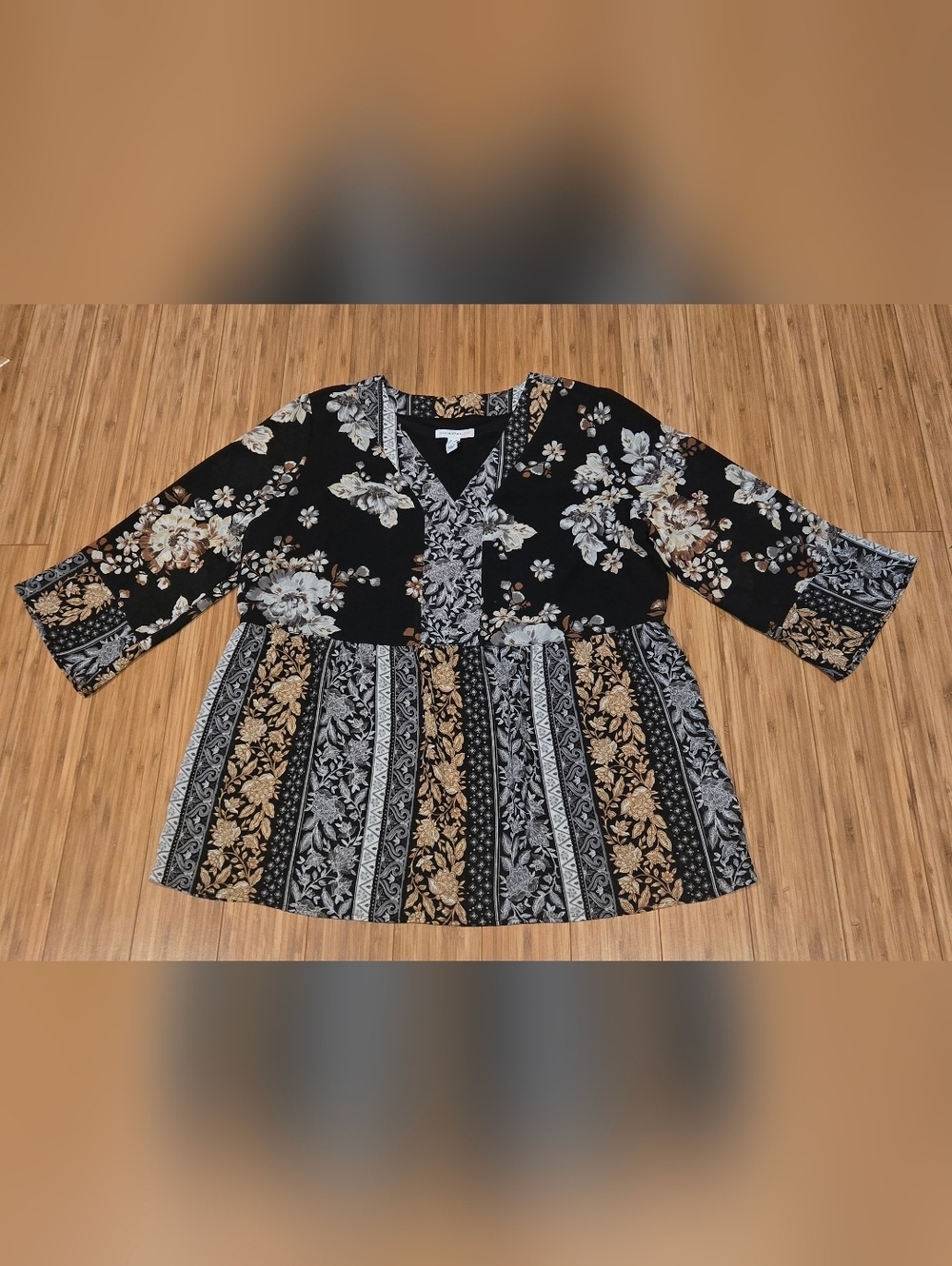Isaac Mizrahi Black Floral and Cream Striped Peasant Tunic